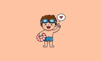 Happy boy with goggles, float, and peace sign, smiling. vector