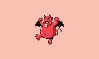 Cartoon red devil joyfully dancing with tongue out. vector