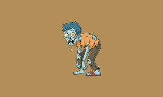 Cartoon zombie hunched over, drooling, in ragged clothes. vector
