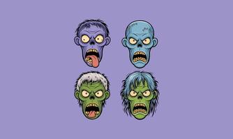 Four cartoon zombie heads with various expressions. vector
