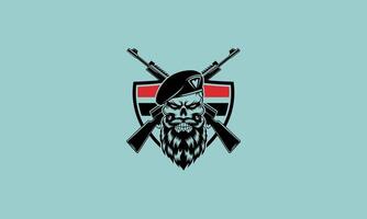 Skull with beard and beret, crossed rifles, shield. vector