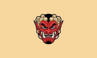 Fierce red demon mask with sharp tusks and intense expression. vector