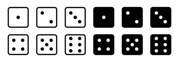 Set of game dice icon. game sign. Dice game icon set in black and white color isolated on white background. Dice in a flat and linear design from one to six. illustration. vector