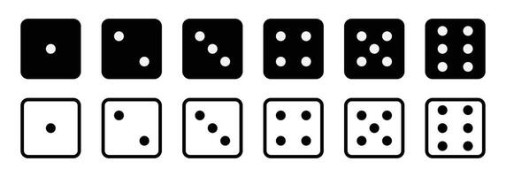 Set of game dice icon. game sign. Dice game icon set in black and white color isolated on white background. Dice in a flat and linear design from one to six. illustration. vector