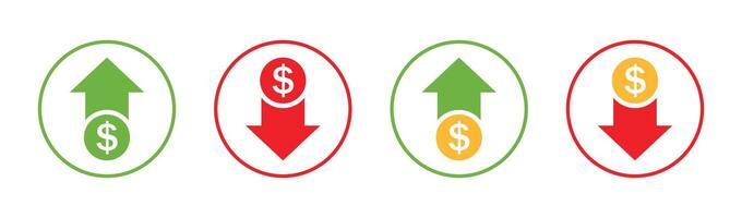 Dollar price up and down icon in outline style. Dollar coin graph up and down symbol. Money cost arrow growth, decline. Currency investment. Up and down dollar arrow. illustration. vector