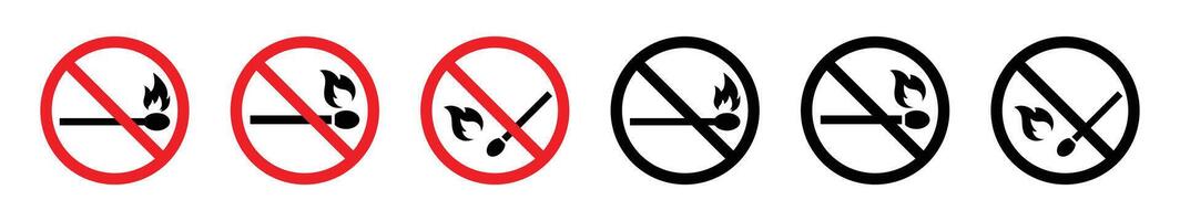 No open fire sign isolated set. Set of no fire sign symbol red and black color. No open fire burning symbol. Ban matchstick symbol. No open flame. Prohibited signs symbol. Ban sign icons. vector