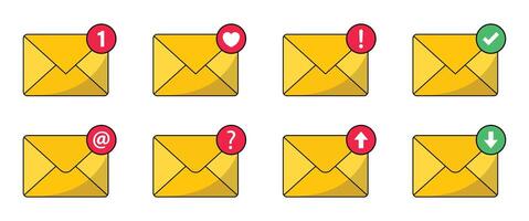 Mail icon set. Notification message or email icon set. Envelope message icon collection. Incoming message notification illustration. vector