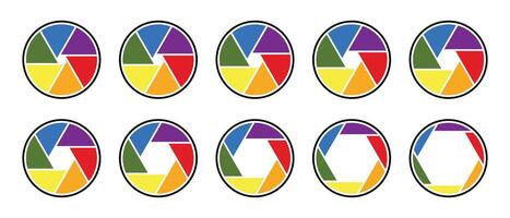 Camera lens diaphragm collection. Aperture icon symbol set in colors. Camera lens diaphragm. Shutter camera aperture lens icon set in color. Different style. illustration. vector