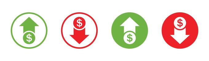Dollar price up and down sign icon in flat or line style. Dollar coin graph up and down. Money cost arrow growth, decline. Currency investment. Market price. Up and down dollar arrow . vector