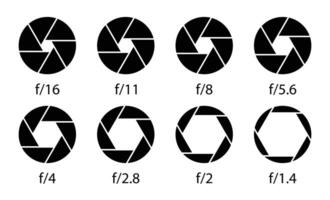 Camera lens diaphragm collection. Aperture icon symbol set in black color. Camera lens diaphragm row with aperture value numbers. Shutter camera aperture lens icon set. illustration. vector