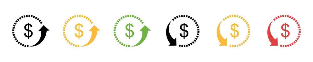 Dollar price up and down sign icon. Dollar coin graph up and down. Money cost arrow growth, decline. Currency investment. Market price. Up and down dollar arrow icon set. illustration. vector