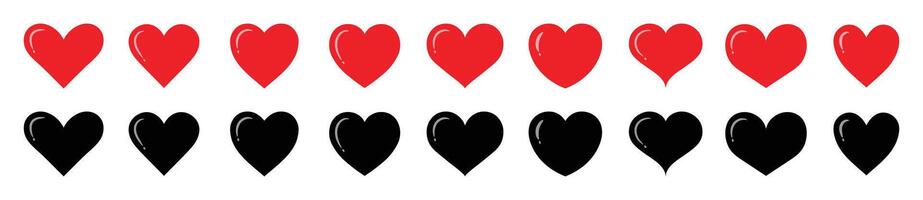 Red and black heart icon set with shiny. Collection of red and black heart icons isolated on a white background. Hand drawn of different shapes. illustration. vector