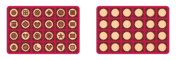 Square box of chocolates for valentine's day and more festival. Chocolate box flat design. Set of chocolates in a box and various other sweets. illustration. vector