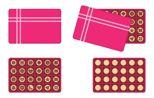 Square pink box of chocolates for valentine's day and more festival. Chocolate box flat design. Set of chocolates in a box and various other sweets. Open and close chocolate box isolated set. vector