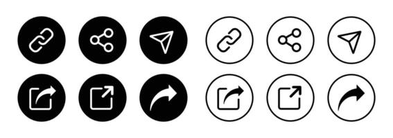 Share icon buttons set in circle. Share icon buttons set isolated on white background. Share icon in flat and outline design. Social media share icon button. illustration. vector