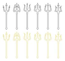 Trident icon set in black and yellow color outline. Set of black and yellow trident outline on a white background. Neptune trident. Design element for logo, label, sign, poster. illustration. vector