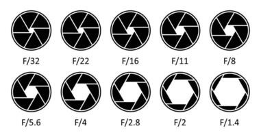 Camera lens diaphragm collection. Aperture icon symbol set in black color. Camera lens diaphragm row with aperture value numbers. Shutter camera aperture lens icon set. illustration. vector