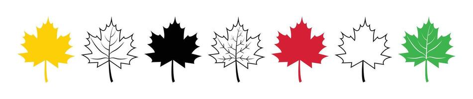 Set of flat maple leaf shape icons isolated on white background illustration. Maple leaf icon set in black, red, green and yellow color. Forest and wood signs symbol. vector