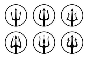 Trident icon set in black outline circle isolated on white background. black logo set of tridents in circle Triton, Neptune, Poseidon. illustration. Flat design. vector
