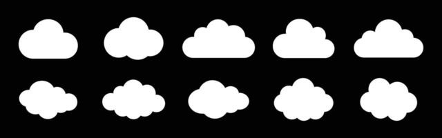 illustration of the clouds set on black background. Clouds collection. White cloudy set isolated on black background. White clouds of different shapes. Collection of different white clouds. vector