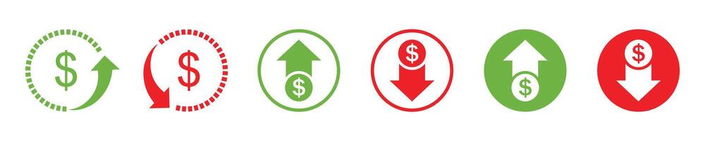 Dollar price up and down icon line style. Dollar coin graph up and down. Money cost arrow growth, decline. Currency investment. Up and down dollar arrow icon in flat design. icon. vector