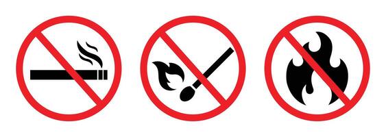 No smoking, no alcohol, no open flame sign symbol isolated on white background. Red forbidden circle stickers for public area. Prohibited signs symbol. Ban sign icon. illustration. vector