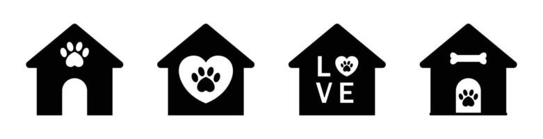 Doghouse icon with bone, love, heart and paw symbol set. Doghouse Icon set in black and white color. illustration. Flat design. vector