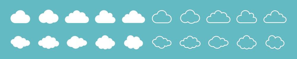 illustration of the clouds set. Clouds collection flat and outline style. White cloudy set isolated on blue background. White clouds of different shapes. Collection of different white clouds. vector