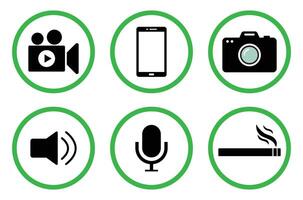 Allowed smoking, videography, cell phone, camera, mute and speaker sign symbol isolated. Prohibited permission signs set isolated. Prohibited allowed sign icon symbol set in green circle. vector