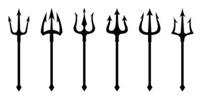Trident icon set. Set of black silhouettes of trident on a white background. Neptune trident. Design element for logo label sign, poster. illustration. vector