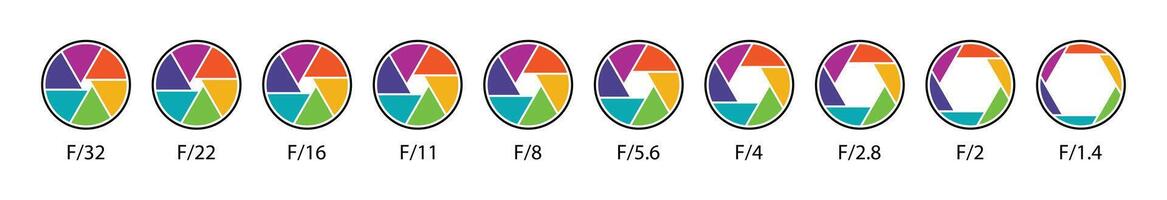 Camera lens diaphragm collection. Aperture icon symbol set in different colors. Camera lens diaphragm row with aperture value numbers. Shutter camera aperture lens icon set in. illustration. vector