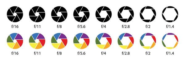 Camera lens diaphragm collection. Aperture icon symbol set in black and colors. Camera lens diaphragm row with aperture value numbers. Shutter camera aperture lens icon set. Different style. vector
