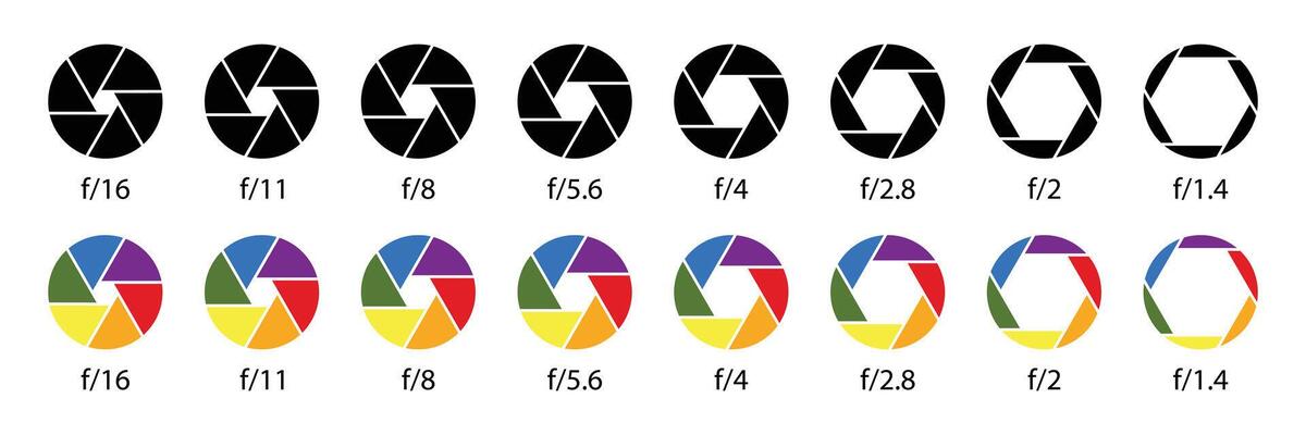 Camera lens diaphragm collection. Aperture icon symbol set in black and colors. Camera lens diaphragm row with aperture value numbers. Shutter camera aperture lens icon set. Different style.