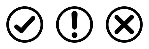 Set of flat round check mark, exclamation point, X mark icons buttons isolated on a white background. Check mark, exclamation point, cross mark icon set in black color line style. illustration. vector