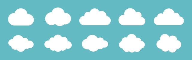 illustration of the clouds set on blue background. Clouds collection. White cloudy set isolated on blue background. White clouds of different shapes. Collection of different white clouds. vector