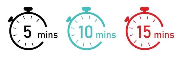 5, 10 and 15 minutes Timer and clock icons set isolated on a white background. Timer logo. Clock symbols, stopwatch signs, Timer icons. illustration. vector