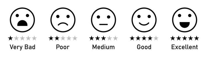 Feedback star rating emoji icon set in black color. Rating emojis isolated set. Five-star rating emoji icon set. Emoji feedback scale with stars. Rating emoji collection. vector