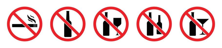 Set of no alcohol signs icon isolated set in red and black color. Do not drink alcohol in this area. Prohibited icons of drink alcohol or no smoking sing symbol. Ban symbol. Stop sign symbol. vector