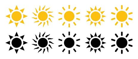 Sun icons. Sun icon set in yellow and black color isolated. Sun icons collection in black and yellow color. Solar summer icon isolated on white background. Flat design. illustration. vector