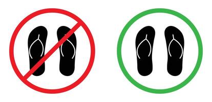 Flip flop, summer slipper red and green warning signs symbol. Allowed and prohibited put flip flop pictogram. No slipper sign symbol. illustration. vector