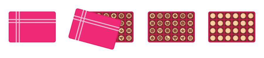 Square pink box of chocolates for valentine's day and more fastival. Chocolate box flat design. Set of chocolates in a box and various other sweets. illustration. vector