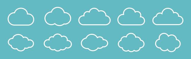 illustration of the clouds set. Clouds collection in outline style. White cloudy set isolated on blue background. White clouds of different shapes. Collection of different white clouds. vector