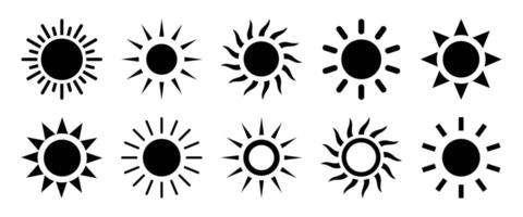 Sun icons. Sun icon set in black color isolated. Sun icon collection in black color. Solar summer icon isolated on white background. Flat design. illustration. vector