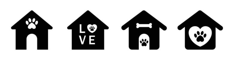 Doghouse icon with bone, love, heart and paw symbol set. Doghouse Icon set in black and white color. Doghouse icon set in different style. illustration.. vector