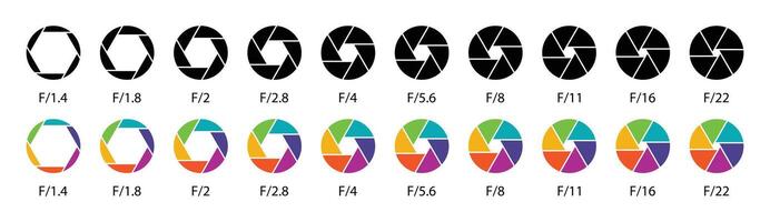 Camera lens diaphragm collection. Aperture icon symbol set in black and colors. Camera lens diaphragm row with aperture value numbers. Shutter camera aperture lens icon set. Different style. vector