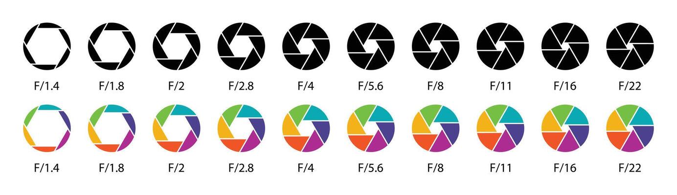 Camera lens diaphragm collection. Aperture icon symbol set in black and colors. Camera lens diaphragm row with aperture value numbers. Shutter camera aperture lens icon set. Different style.