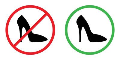 No allow sandal sign symbol. No high heels sign symbol. Women high heels not allowed symbol in black and red color. No step here forbidden sign. No foot slipper. illustration. vector