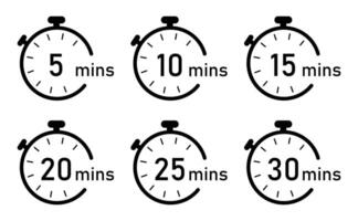 5, 10, 15, 20, 25, 30 minutes timer and clock icons set black color isolated on a white background. Timer logo. Clock symbols, stopwatch signs, timer icons. illustration. vector