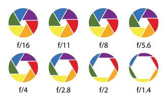 Camera lens diaphragm collection. Aperture icon symbol set in colors. Camera lens diaphragm. Shutter camera aperture lens icon set in color. Different style. illustration. vector