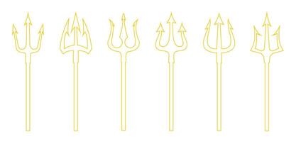 Trident icon set in yellow color outline design. Set of yellow tridents on a white background. Neptune trident. Design element for logo, label, sign, poster. illustration. vector